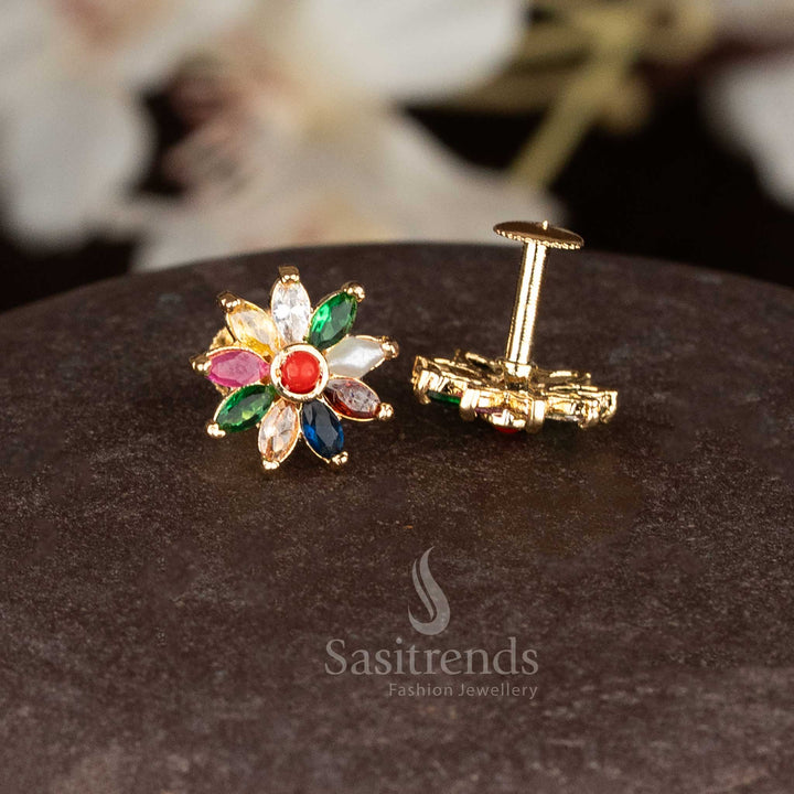 Vivid micro gold daisy flower screw stud earrings with Navarathnam gemstone accents for traditional celebrations - Sasitrends