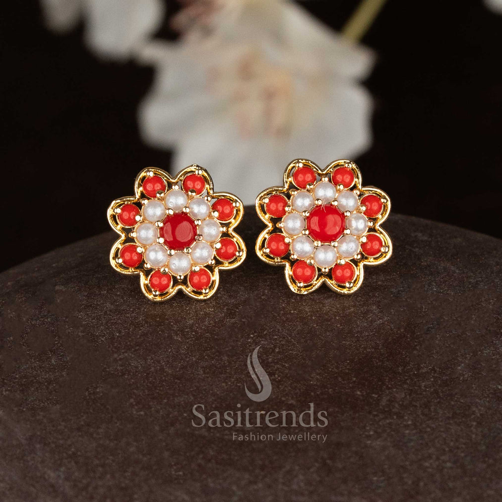 Delicate micro gold necklace with Pearl and Pavalam stone embellishments for festive ethnic elegance - Sasitrends
