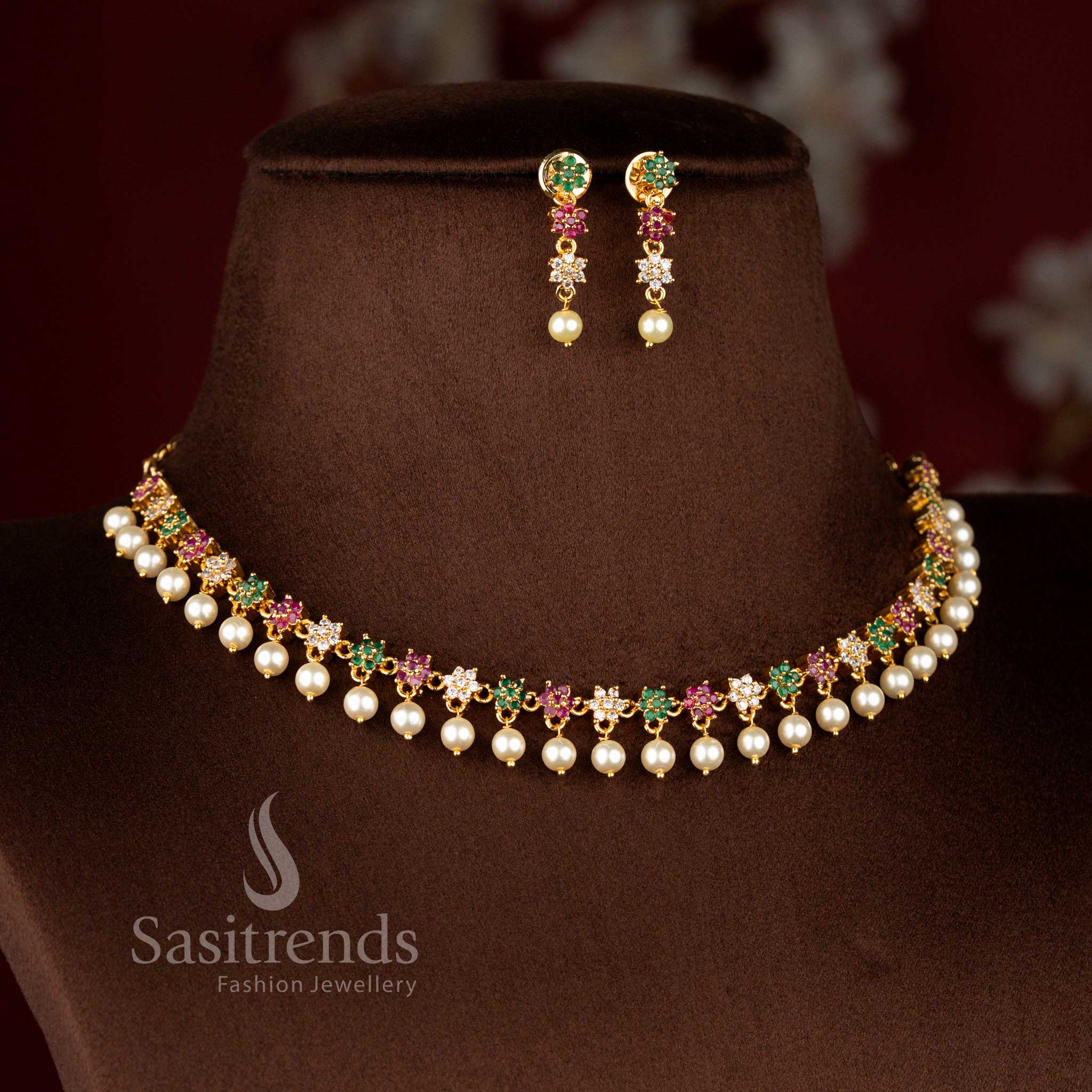 Vibrant micro gold plated AD star floral necklace in multicolour with pearl drops, one gram jewellery, 24K shine – Sasitrends