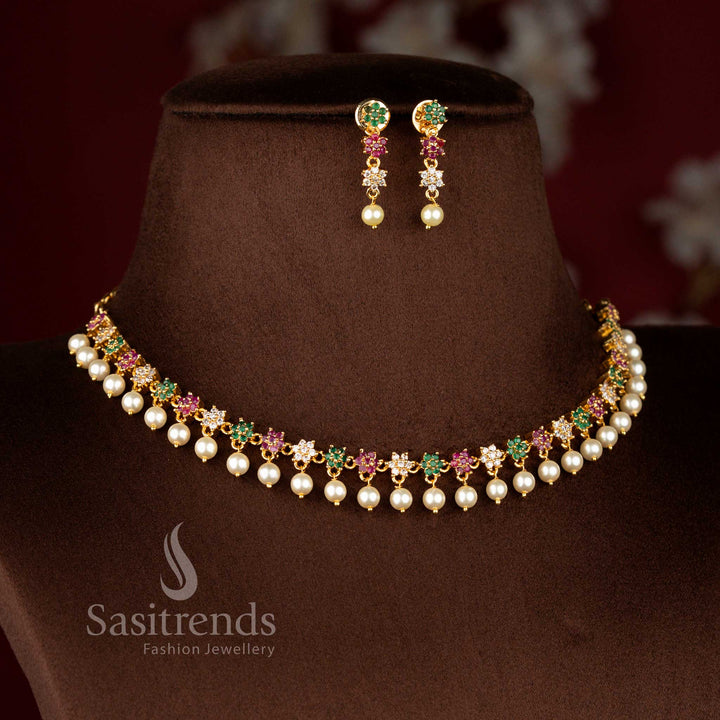 Vibrant micro gold plated AD star floral necklace in multicolour with pearl drops, one gram jewellery, 24K shine – Sasitrends