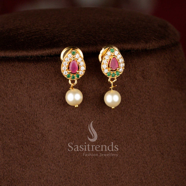 Vibrant micro gold plated 2-side Gajiri chain necklace in multicolour with pear stone peacock pendant and pearl drops – Sasitrends