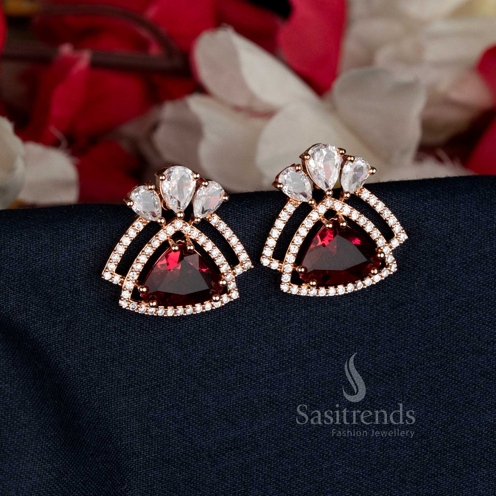 Lustrous Red Rose Gold Triangle AD Earrings featuring sparkling gloss, designed to complement evening parties and sophisticated ensembles — Sasitrends