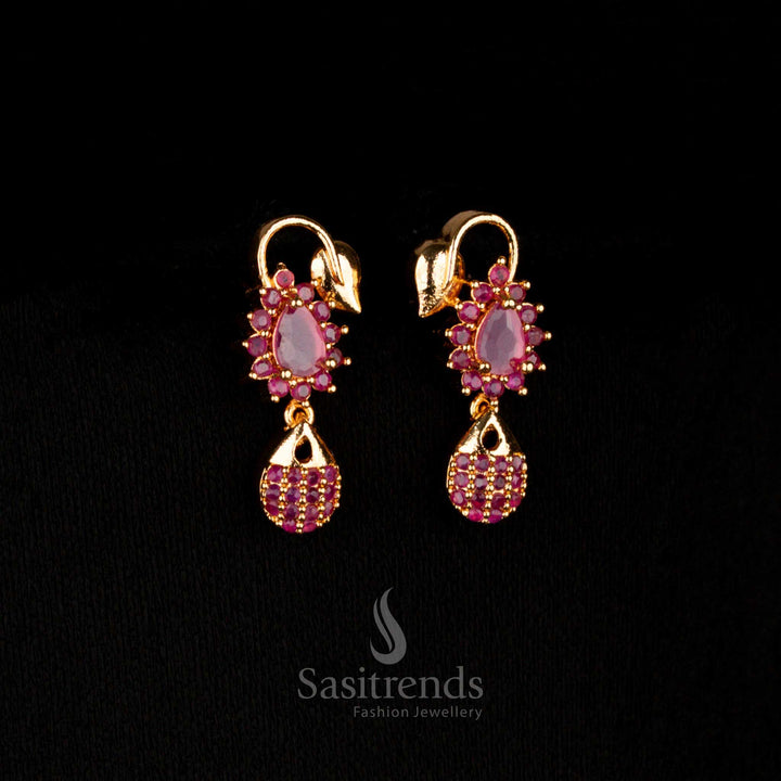 Passionate gem micro gold plated AD teardrop stud earrings in ruby hue, designed for temple ceremonies and festive bridal wear – Sasitrends