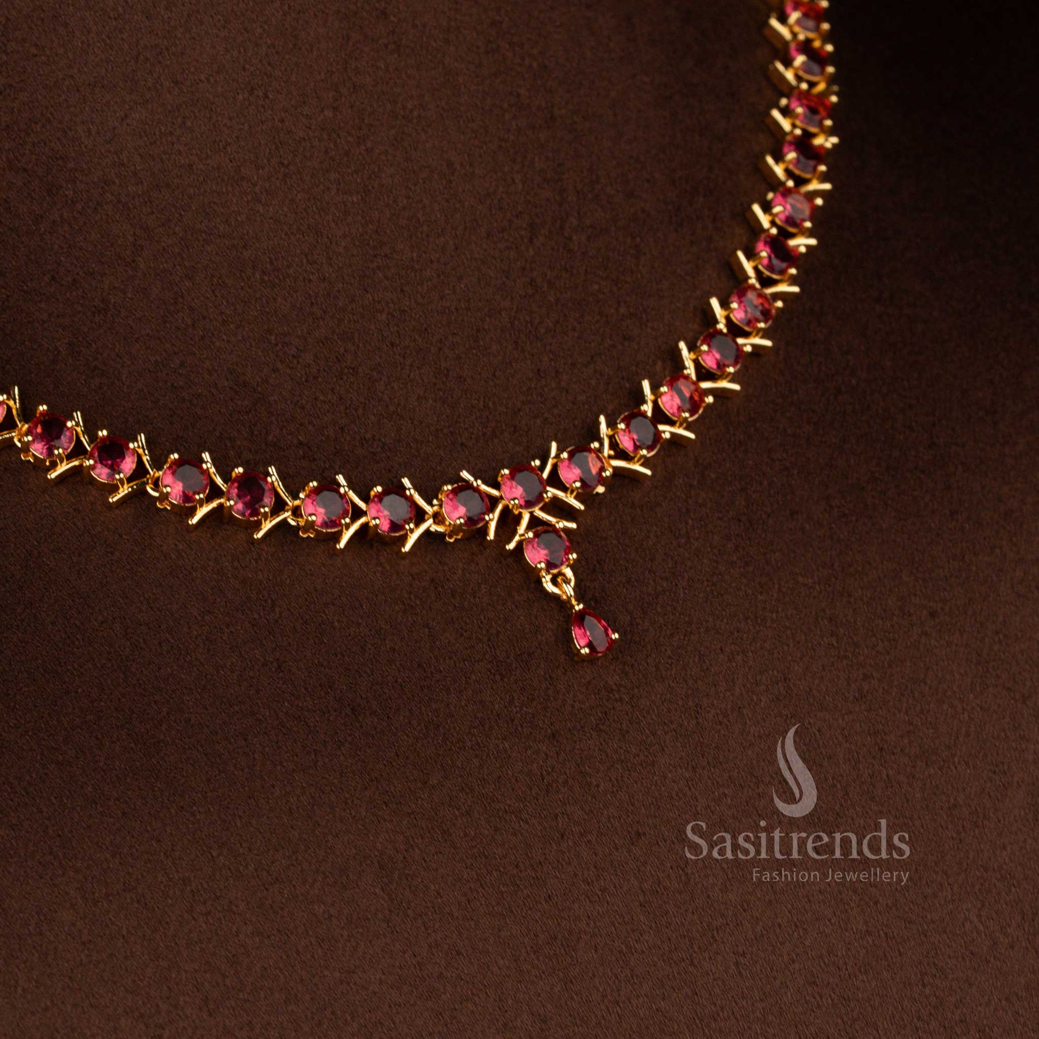 Bold pink micro gold plated American diamond V-cut necklace crafted for glamorous party looks – Sasitrends