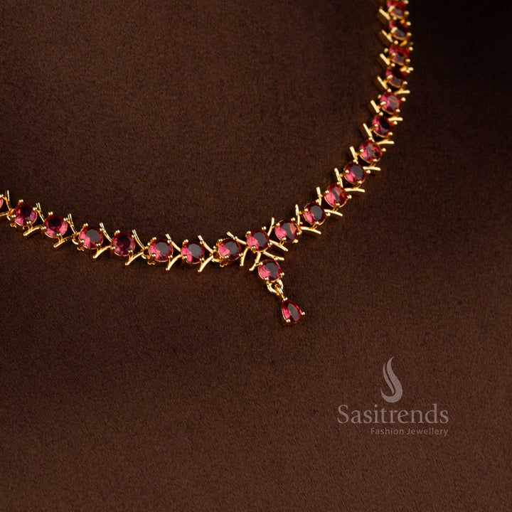 Bold pink micro gold plated American diamond V-cut necklace crafted for glamorous party looks – Sasitrends