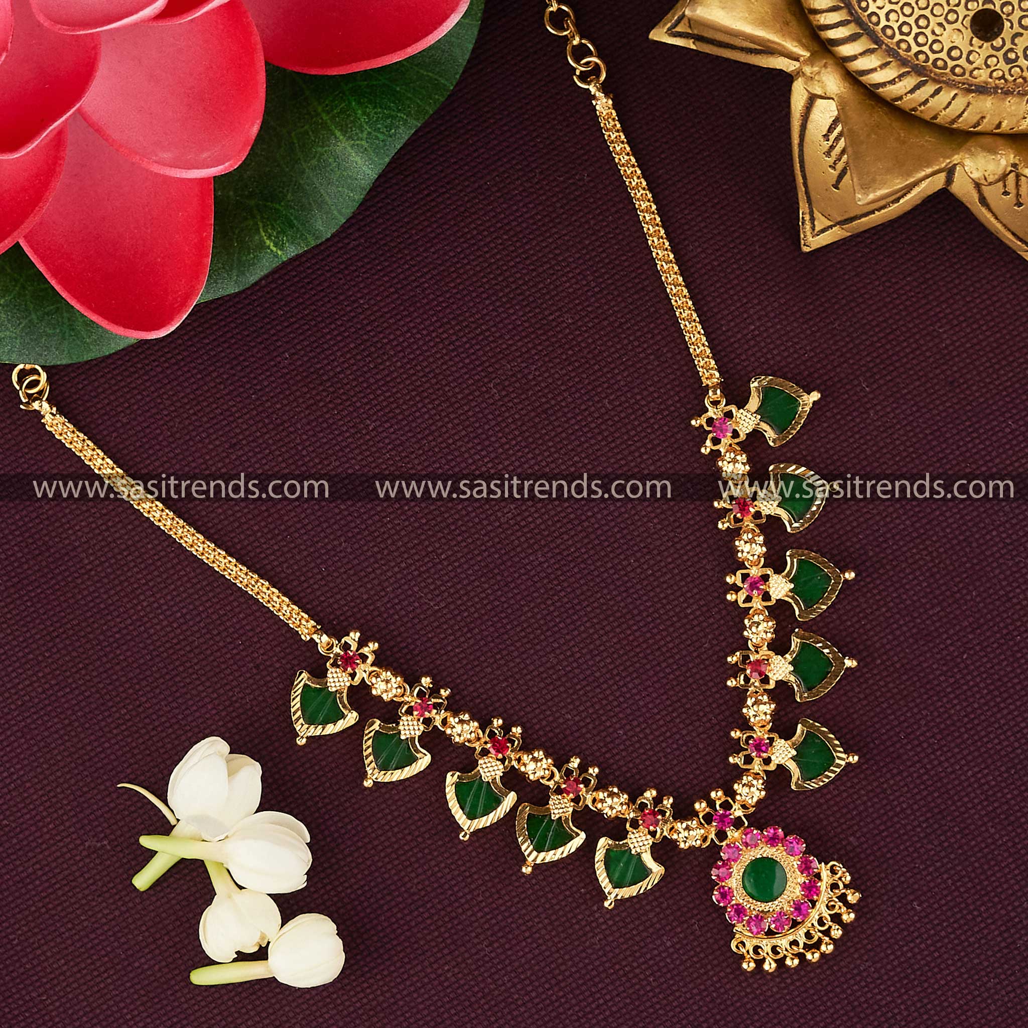 Kerala Traditional Pal Necklace With Micro Gold Plating Green Pink Stones 5 Petal