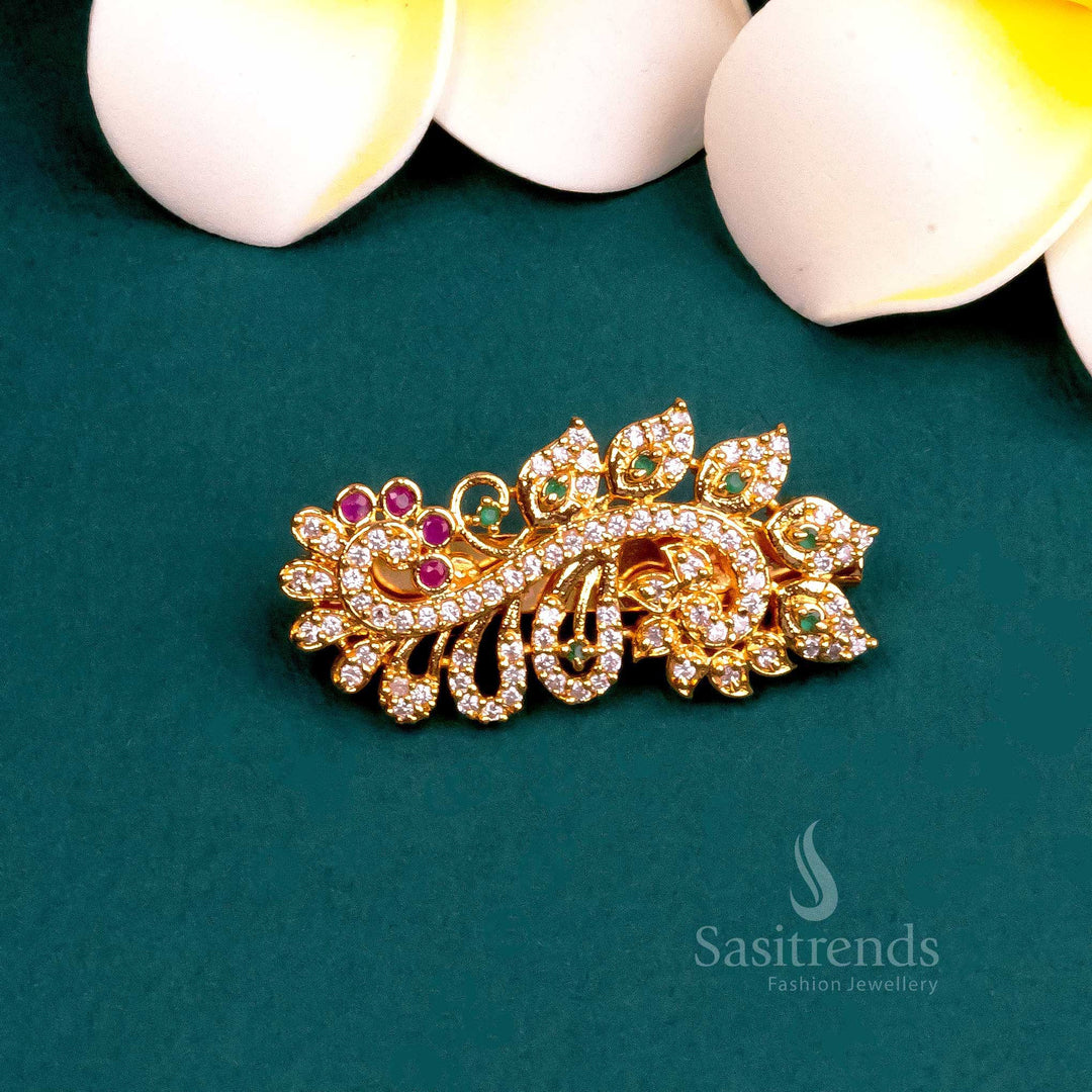 Brass Mango Leaf & Flower AD Saree Pin - Micro Gold Plated - Sasitrends