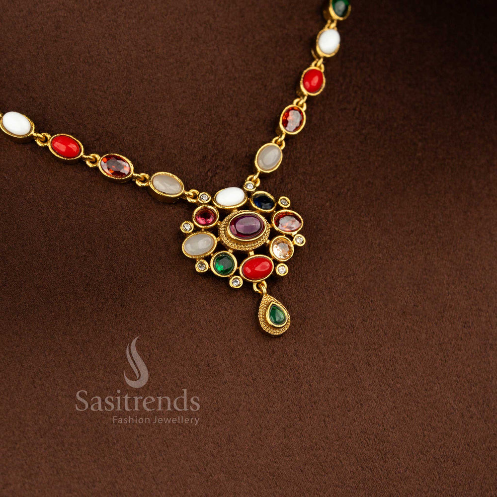 Latest trendy Navarathna stone necklace featuring temple matte gold plated floral pendant crafted for women festive styling – Sasitrends