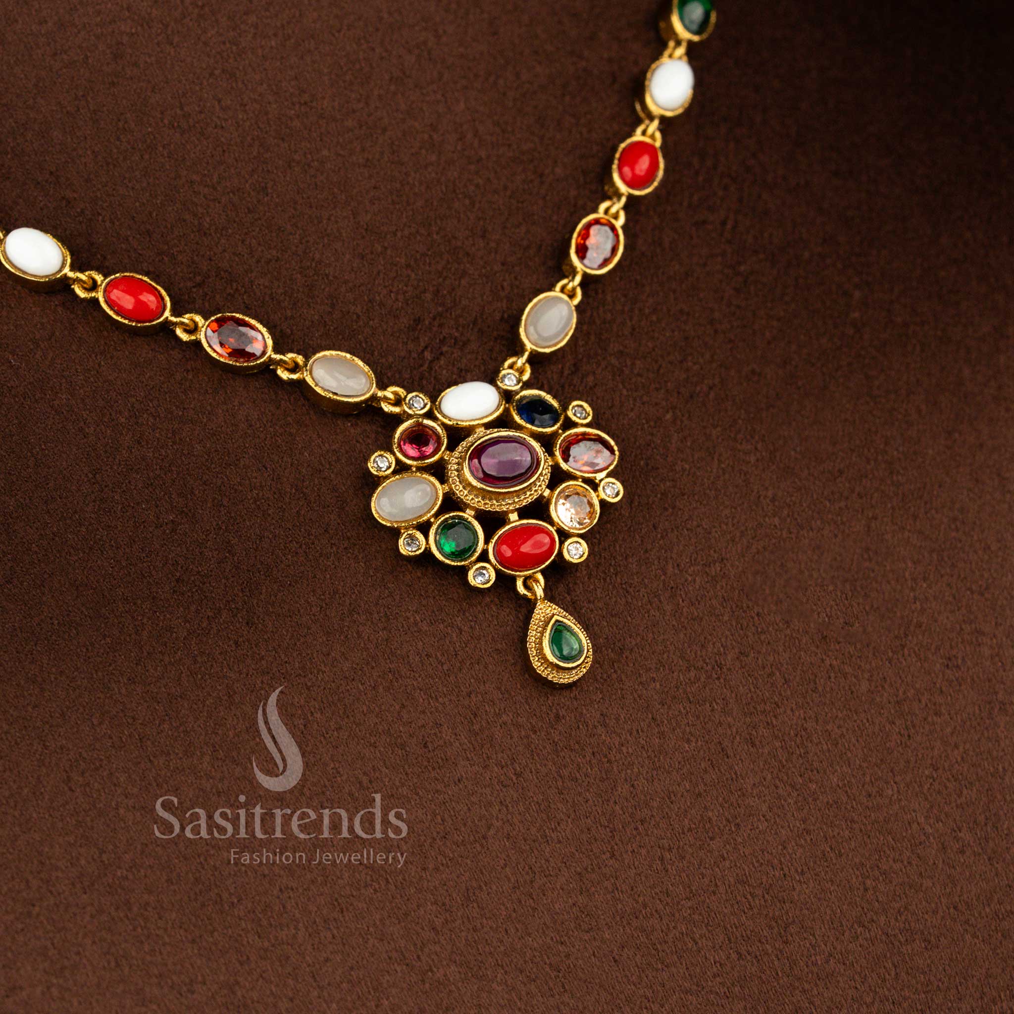 Latest trendy Navarathna stone necklace featuring temple matte gold plated floral pendant crafted for women festive styling – Sasitrends