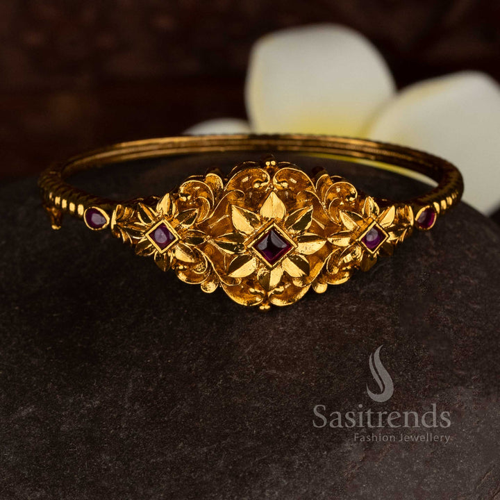 Premium Temple Blooming Floral Pattern Diamond-Cut AD Matte Gold Plated Single Openable Kada Bracelet -  Traditional Wear