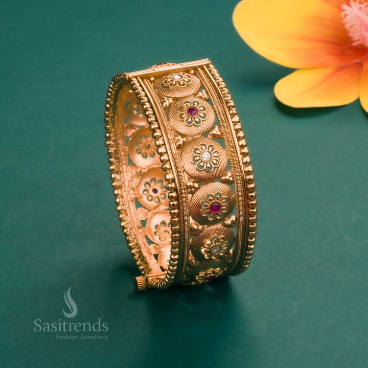 Graceful Trendy Bridal Antique Gold Plated Temple Kada Bangle in White-Ruby, Adorned with Synthetic Stones
