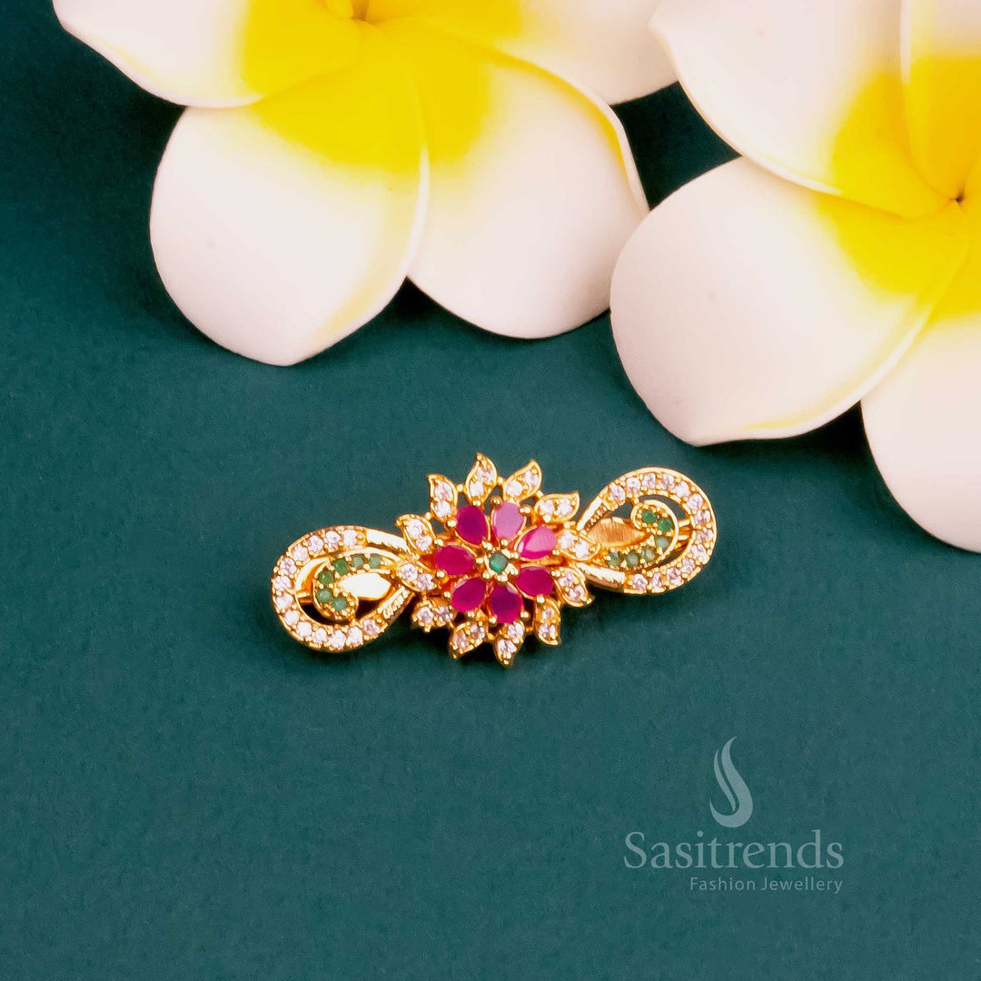 Flower Motif Saree Pin - Micro Gold Plated - Traditional AD Stone Design - Sasitrends