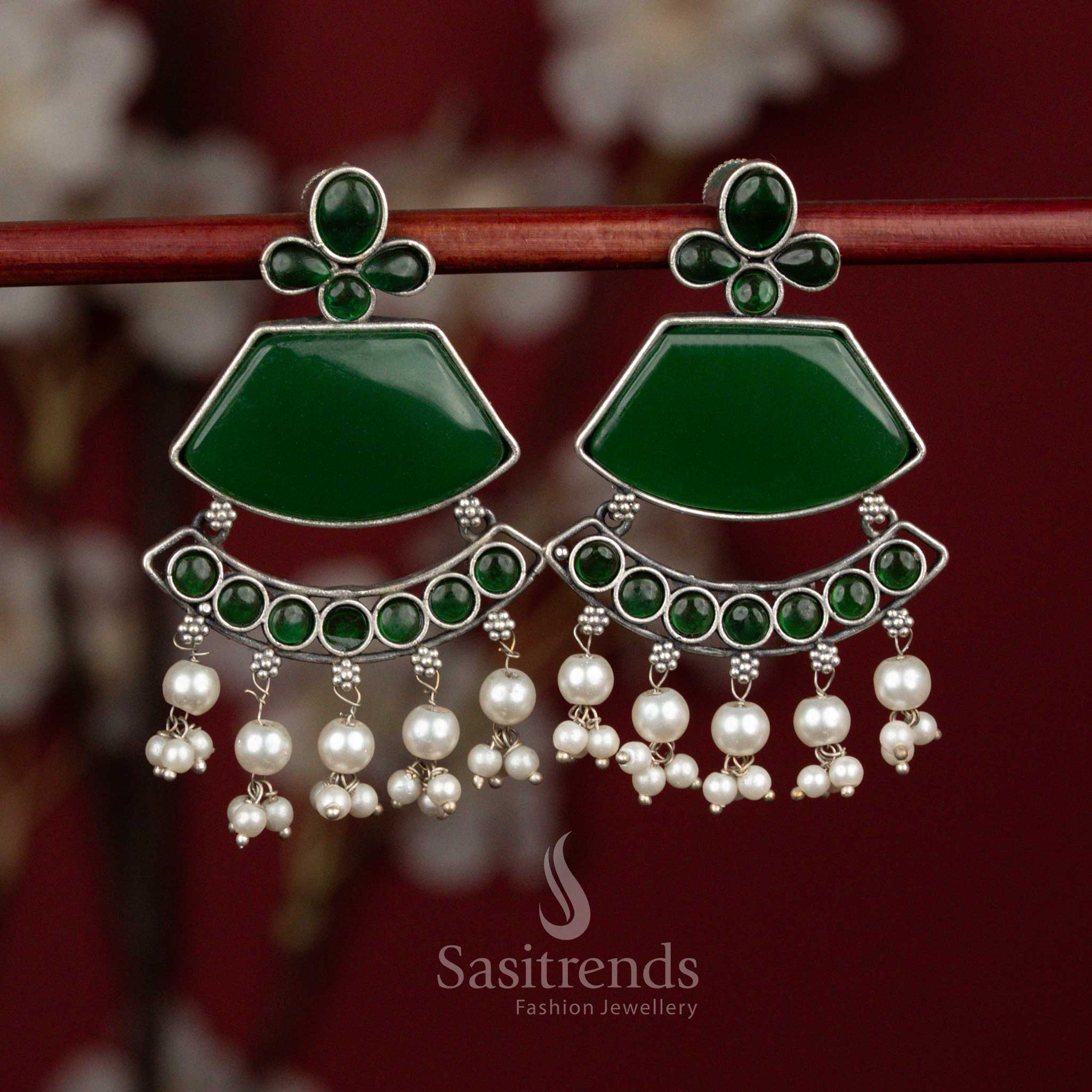 Verdant green oxidised silver classic crescent pearl hanging earrings for festive wear - jewellery - Sasitrends