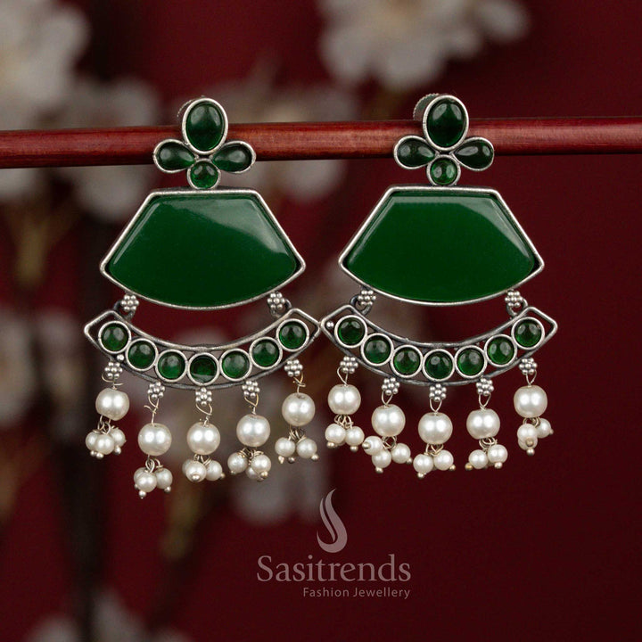 Verdant green oxidised silver classic crescent pearl hanging earrings for festive wear - jewellery - Sasitrends