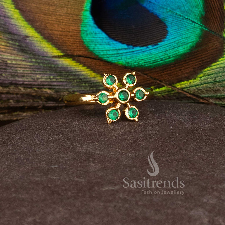 Emerald Lux green micro gold AD clustered flower ring, crafted for ethnic celebrations, bridal functions, and festive saree ensembles – Sasitrends