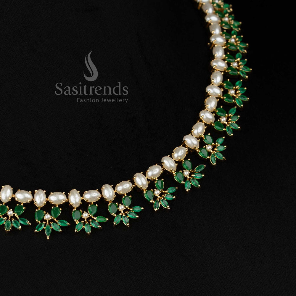 VerdantAura micro gold plated pearl green oval floral leaf cluster necklace set perfect for celebration wear evenings - Sasitrends