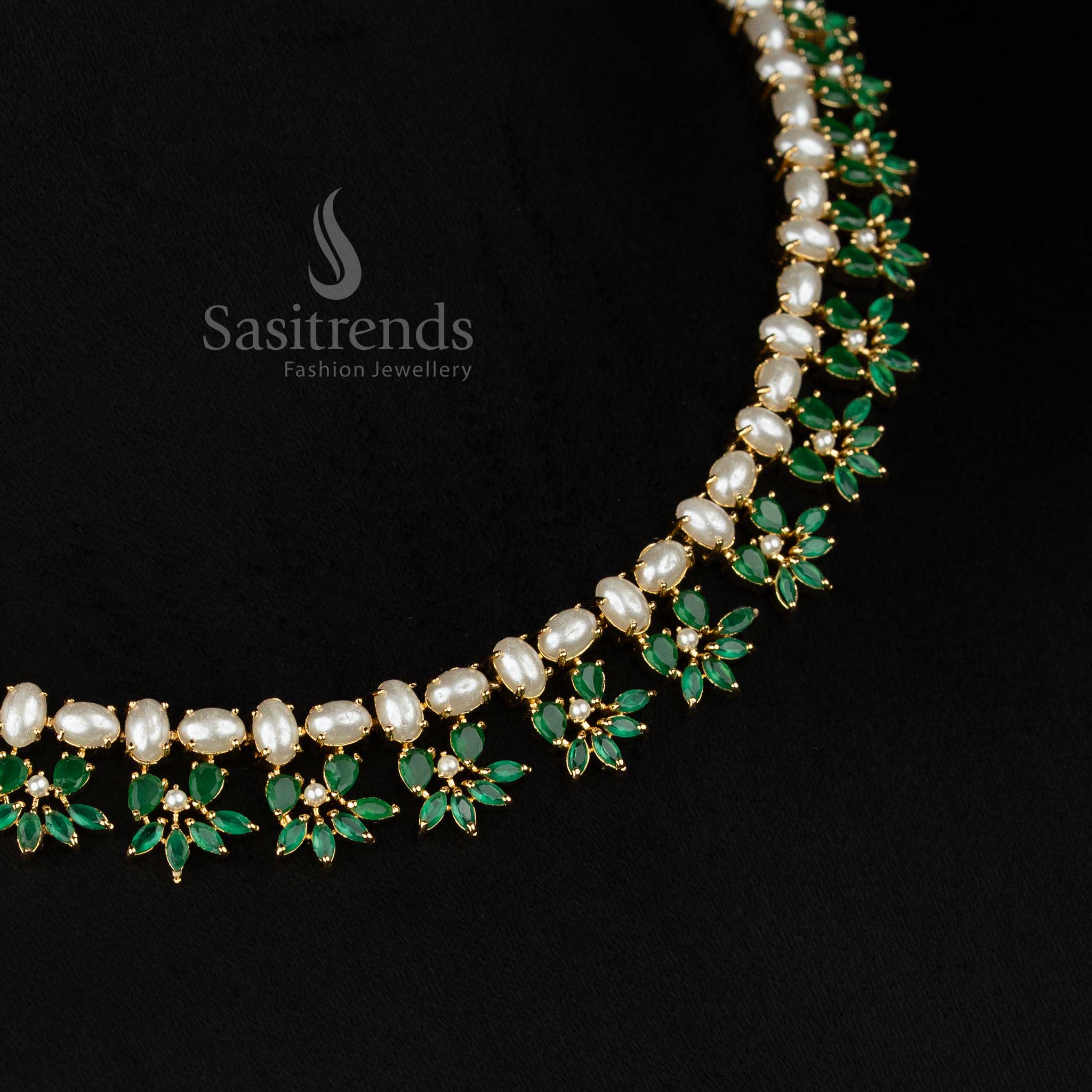 VerdantAura micro gold plated pearl green oval floral leaf cluster necklace set perfect for celebration wear evenings - Sasitrends