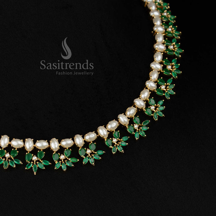 VerdantAura micro gold plated pearl green oval floral leaf cluster necklace set perfect for celebration wear evenings - Sasitrends
