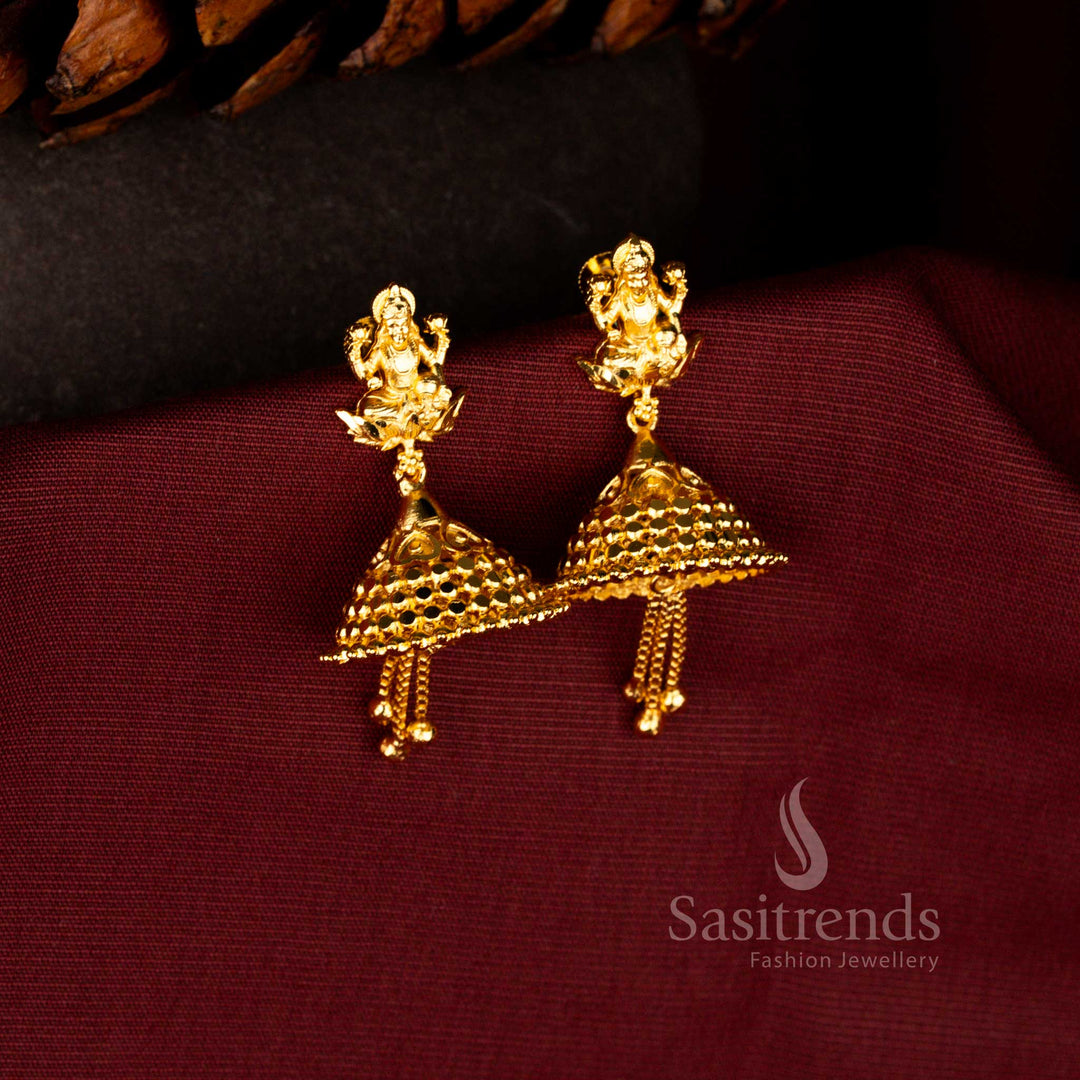 Traditional forming micro gold plated 24K Goddess Lakshmi jhumka earrings with engraved deity panel and bell dome - Sasitrends