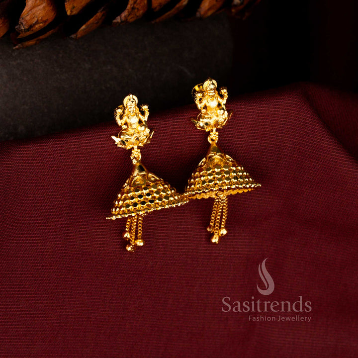 Graceful Forming Micro Gold Plated 24K Goddess Lakshmi Jhumka Earrings with Bell Dome & Bead Droplets – Traditional Wear