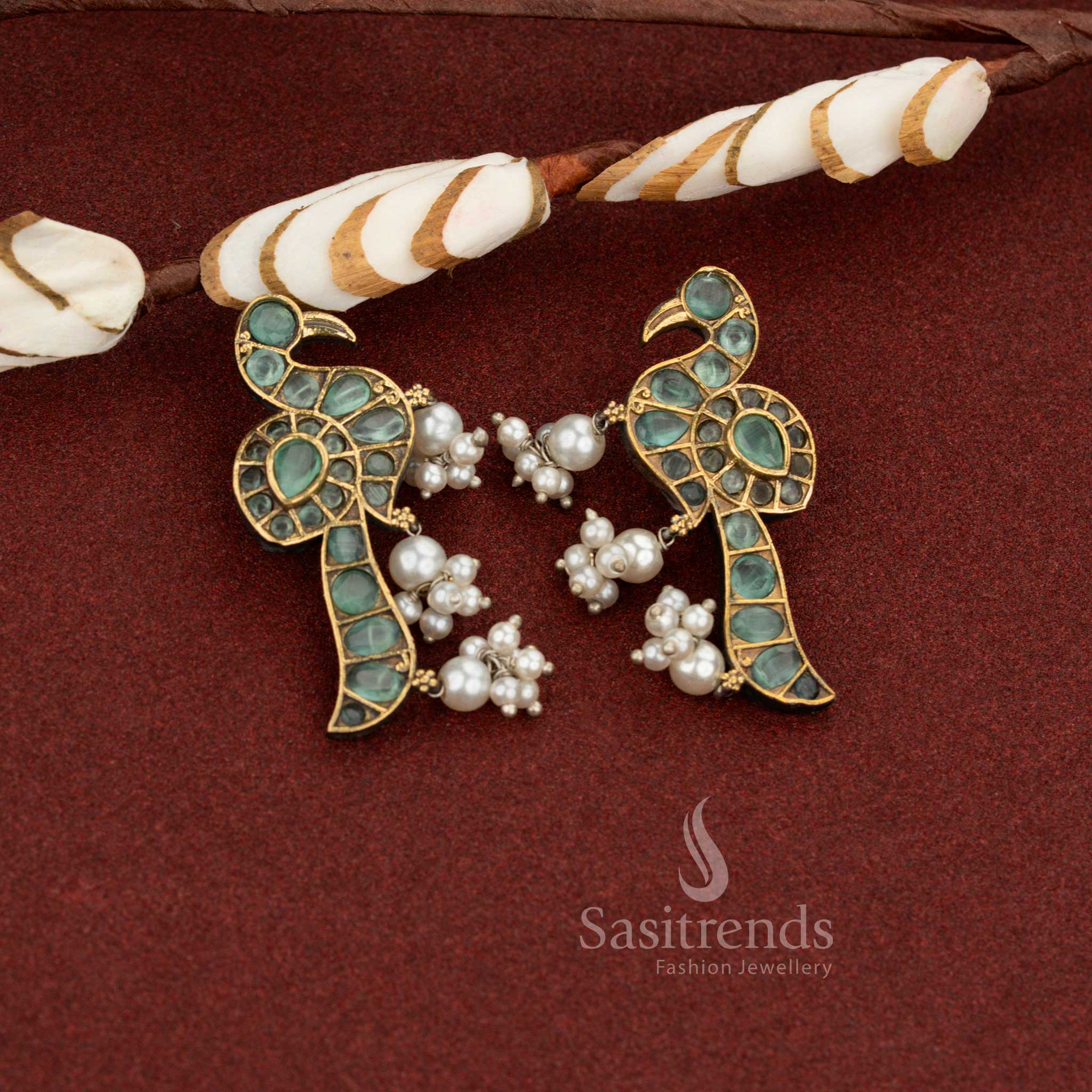 Mint heirloom antique oxidised peacock pearl drop stone earrings perfect for light festive wear and graceful celebrations – Sasitrends