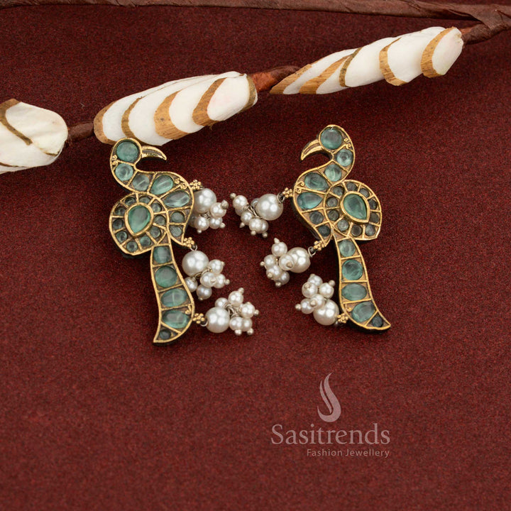 Mint heirloom antique oxidised peacock pearl drop stone earrings perfect for light festive wear and graceful celebrations – Sasitrends