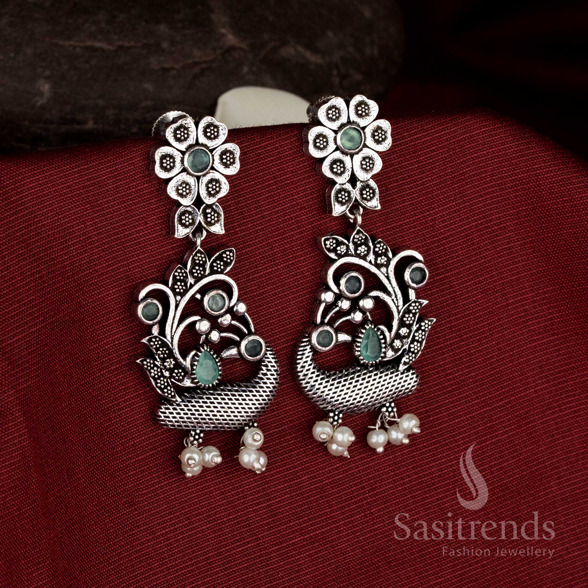 Cool elegance oxidised silver floral peacock mint pearl earrings for festive jewellery - Sasitrends