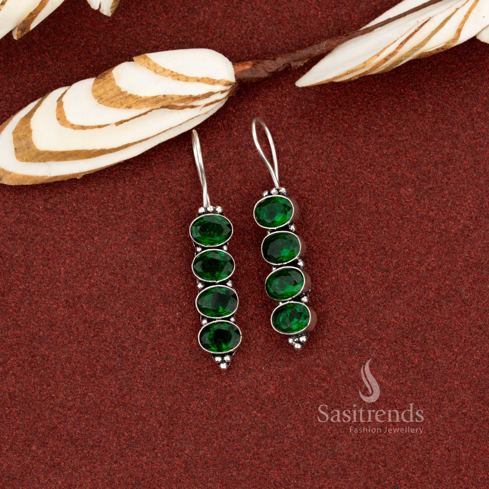 Elegant green modern oxidised vertical oval earrings suited for casual meetings and ethnic evening wear – Sasitrends