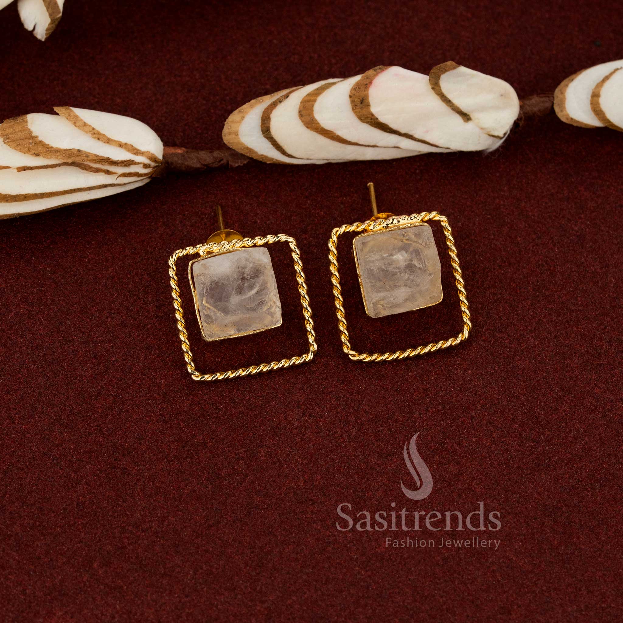 Soft lemon yellow trendy gold plated rope twisted square stud earrings crafted for college office and daily fashion - Sasitrends