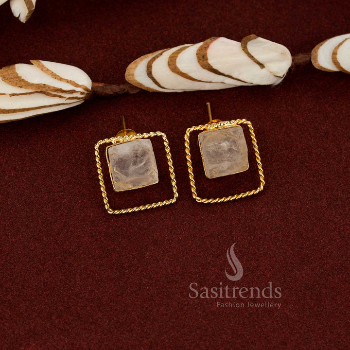 Soft lemon yellow trendy gold plated rope twisted square stud earrings crafted for college office and daily fashion - Sasitrends