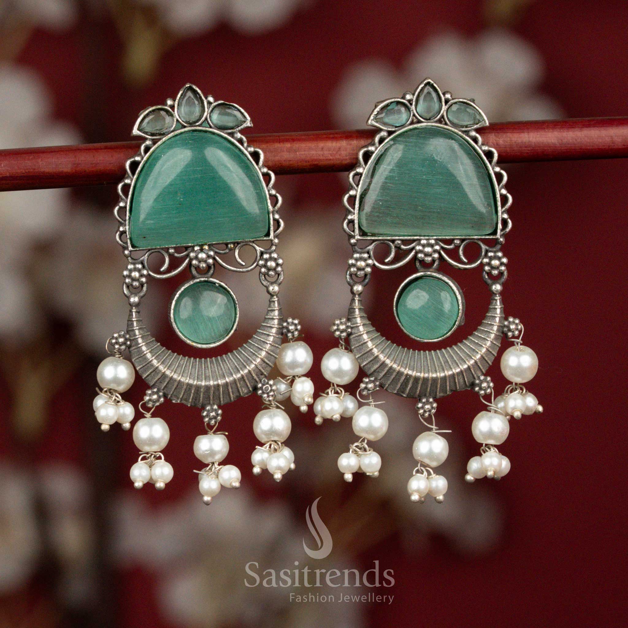 Cool mint oxidised silver crescent arch monalisa stone pearl fringe earrings for evening wear - jewellery - Sasitrends