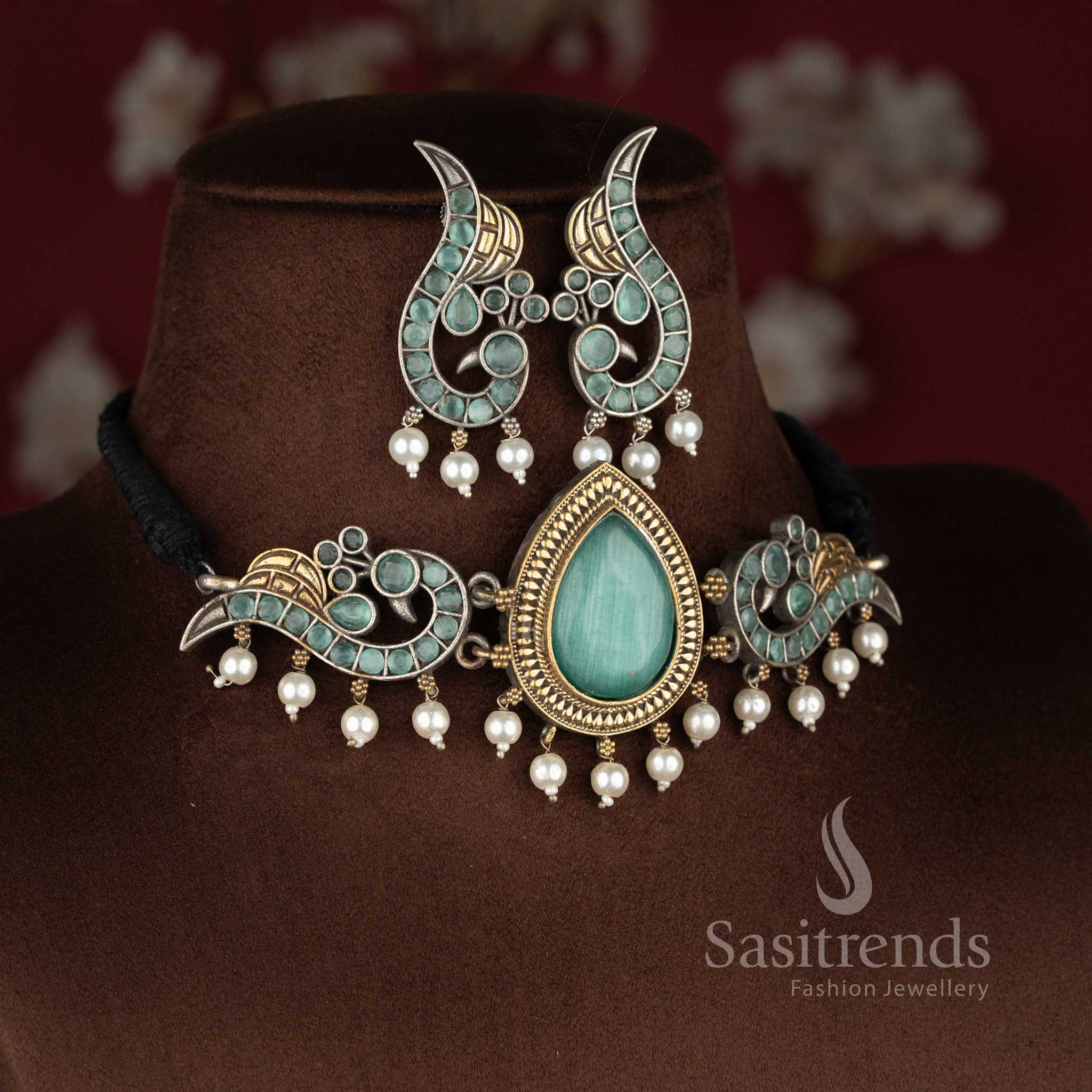 Cool mint antique oxidised peacock pearl choker jewellery set for subtle fashion – Sasitrends