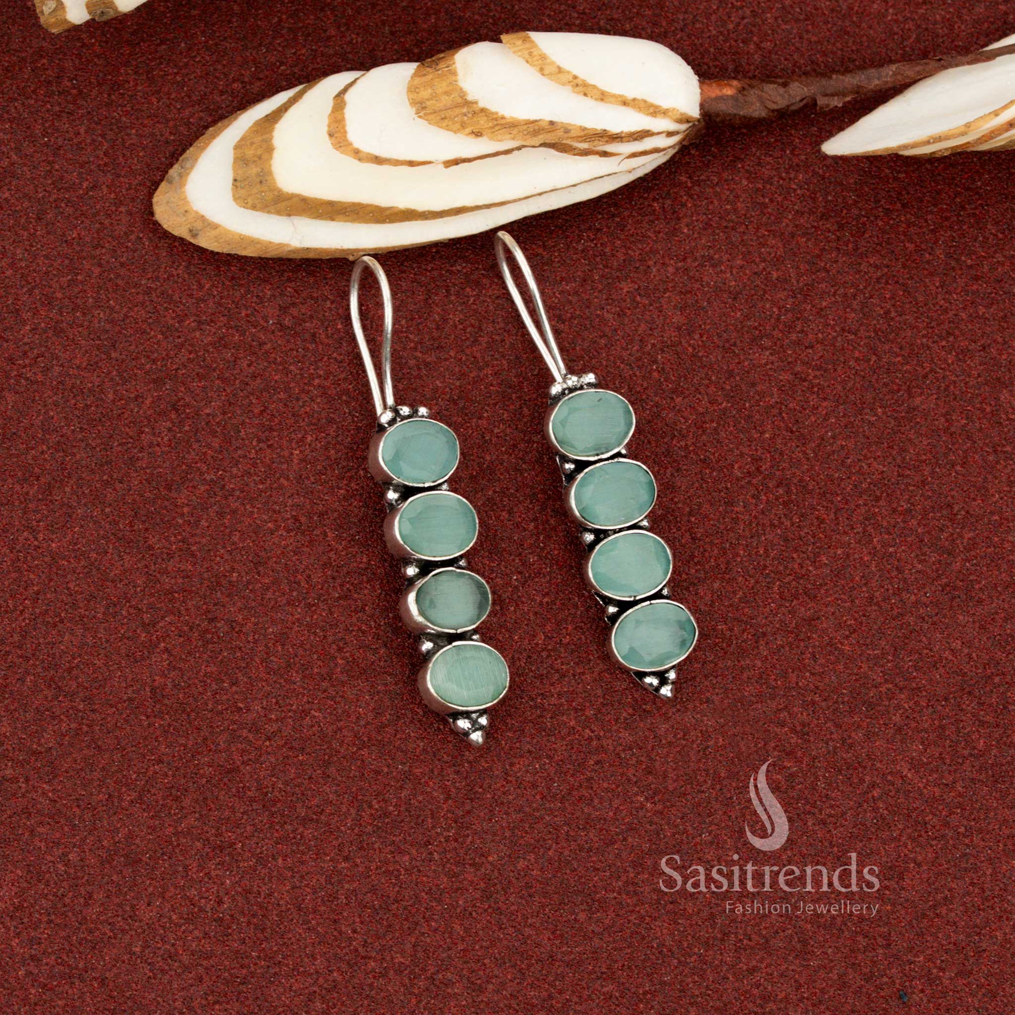 Elegant mint oxidised vertical oval earrings ideal for office casual attire and party night outfits – Sasitrends