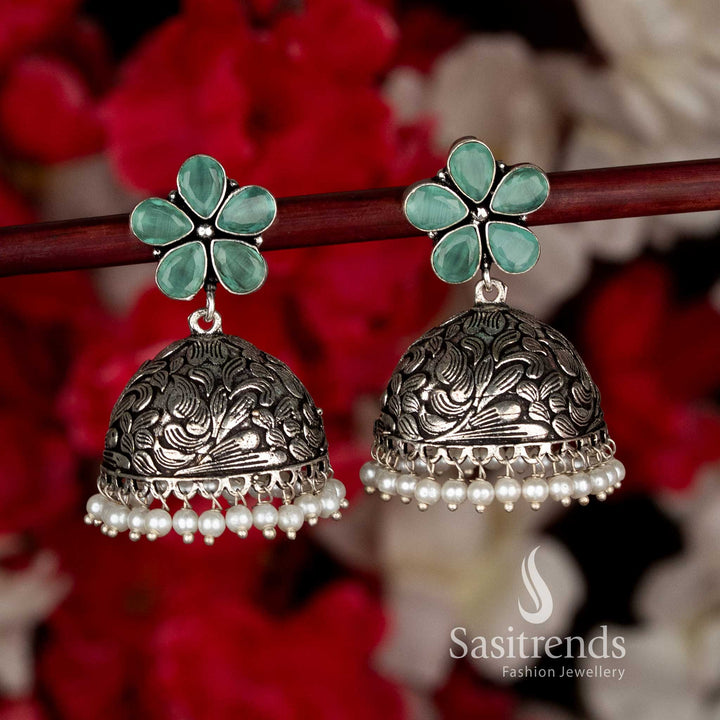 Elegant Mint Party Oxidised Floral Jhumka Earrings with Pearl Drops, Designed for Ethnic Black Saree Navaratri Looks-Sasitrends