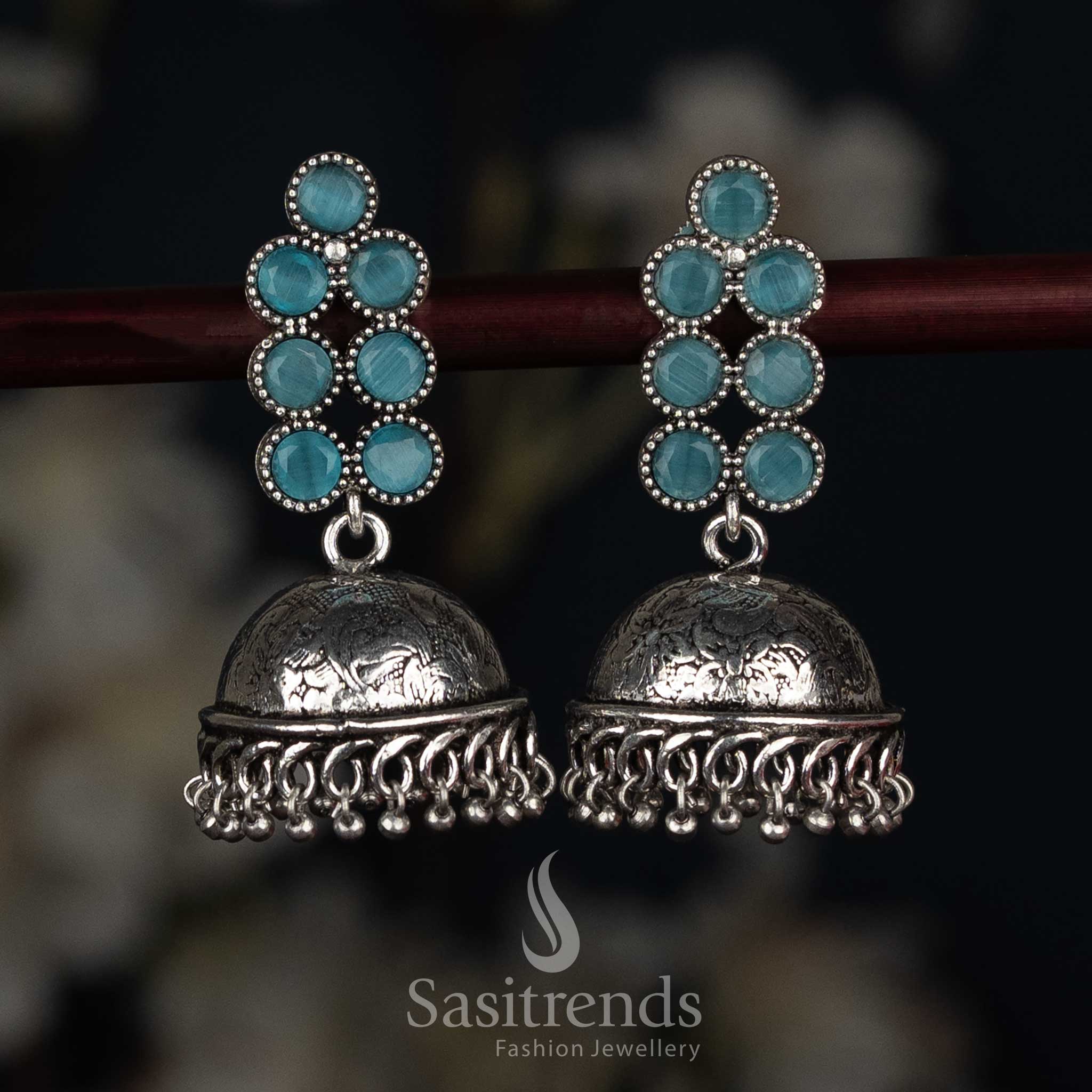 Radiant oxidised round stone jhumka earrings sky blue colour for cultural programs Sasitrends