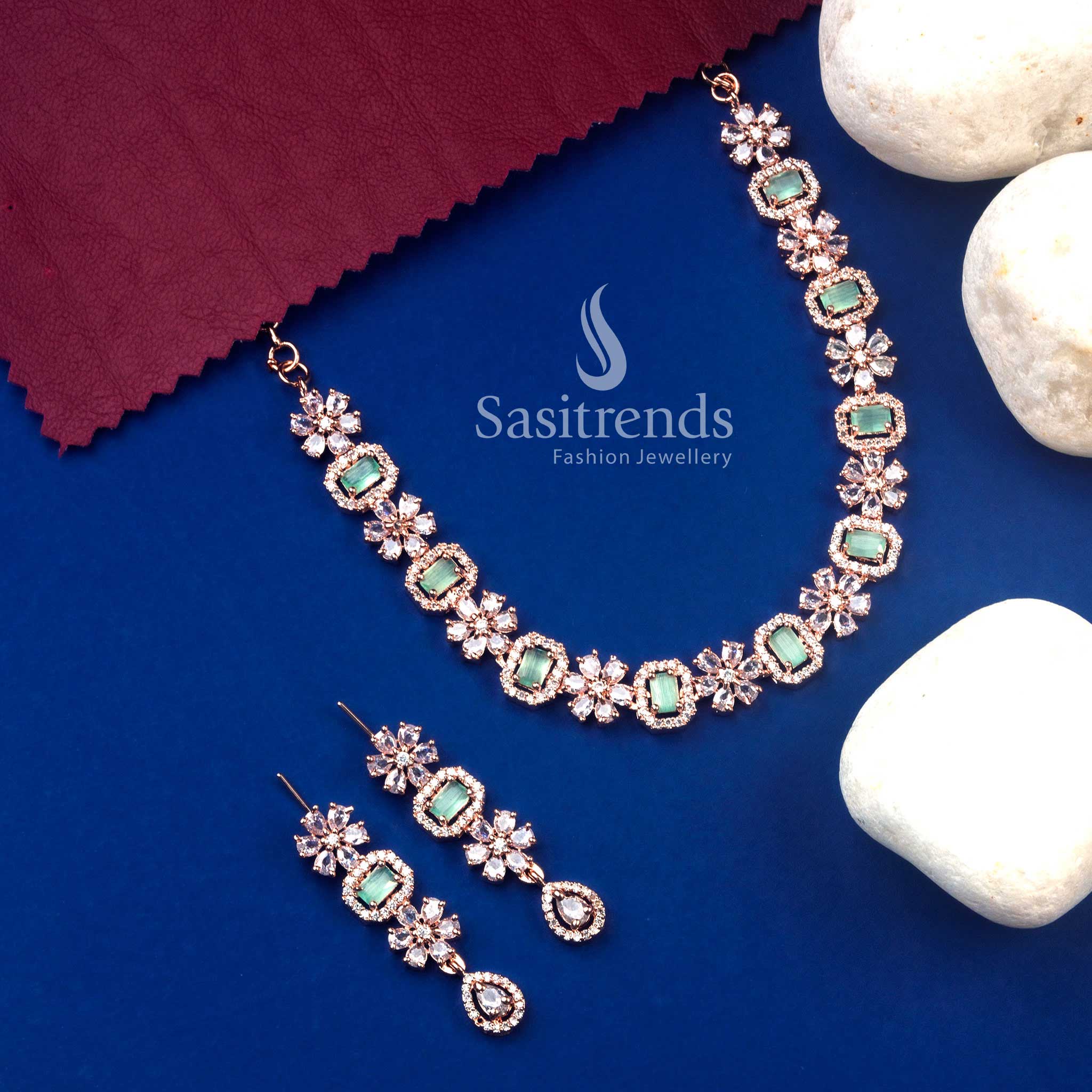 Chic rose gold plated mint bloom design American diamond necklace set for parties and celebrations – Sasitrends