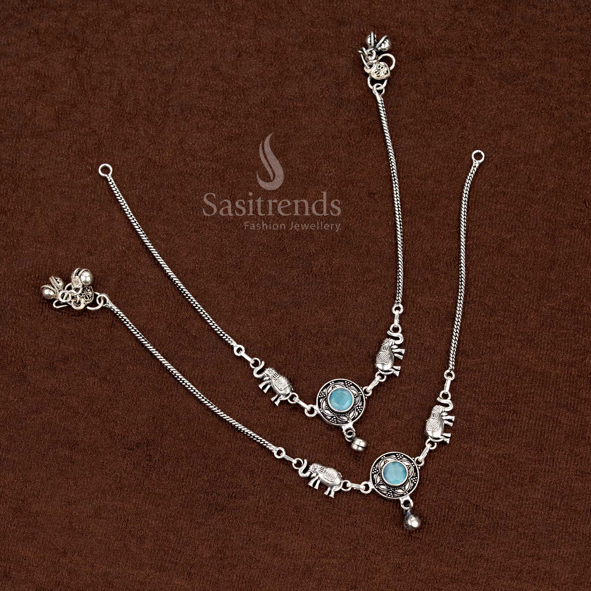Sky-Blue breeze oxidised Monalisa stone elephant anklets with circular motifs for stylish festive and cultural celebrations – Sasitrends