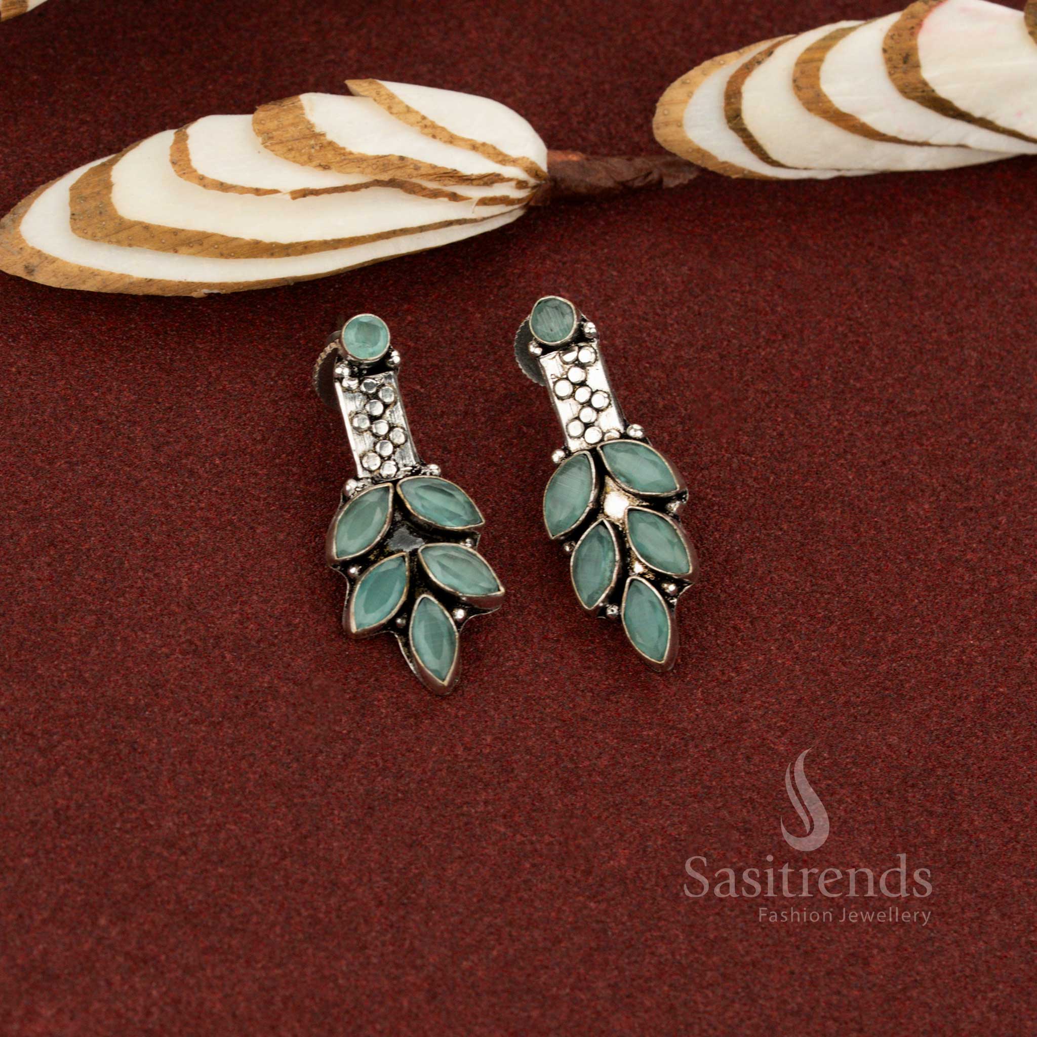 Serene glow oxidised leaf marquise cluster earrings mint crafted for subtle charm perfect for workdays, meetings and graceful everyday looks – Sasitrends
