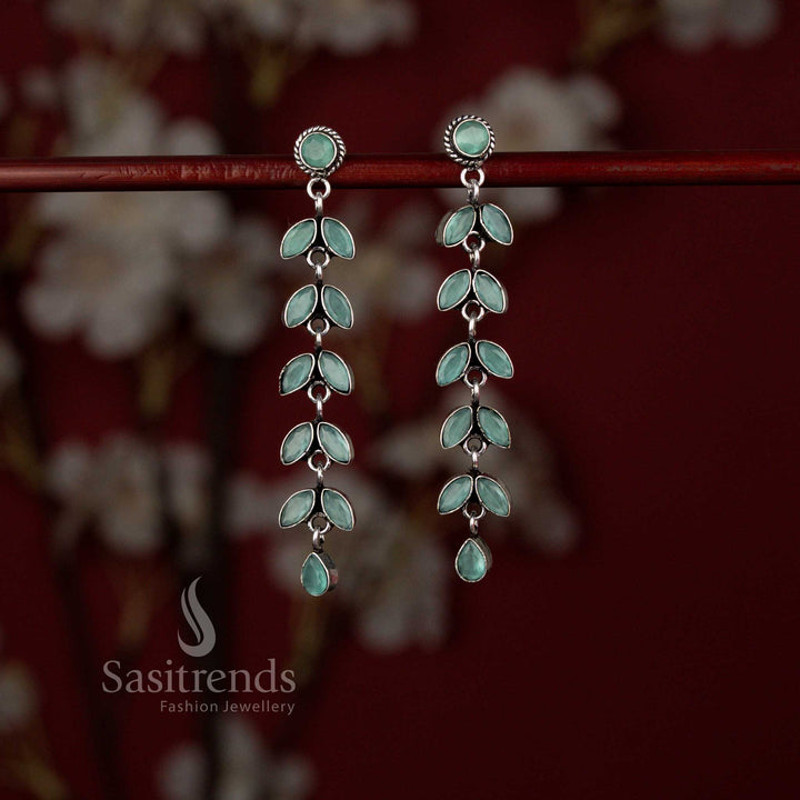 Elegant oxidised leaf line earrings in mint shade ideal for kurti styling and cultural events – Sasitrends