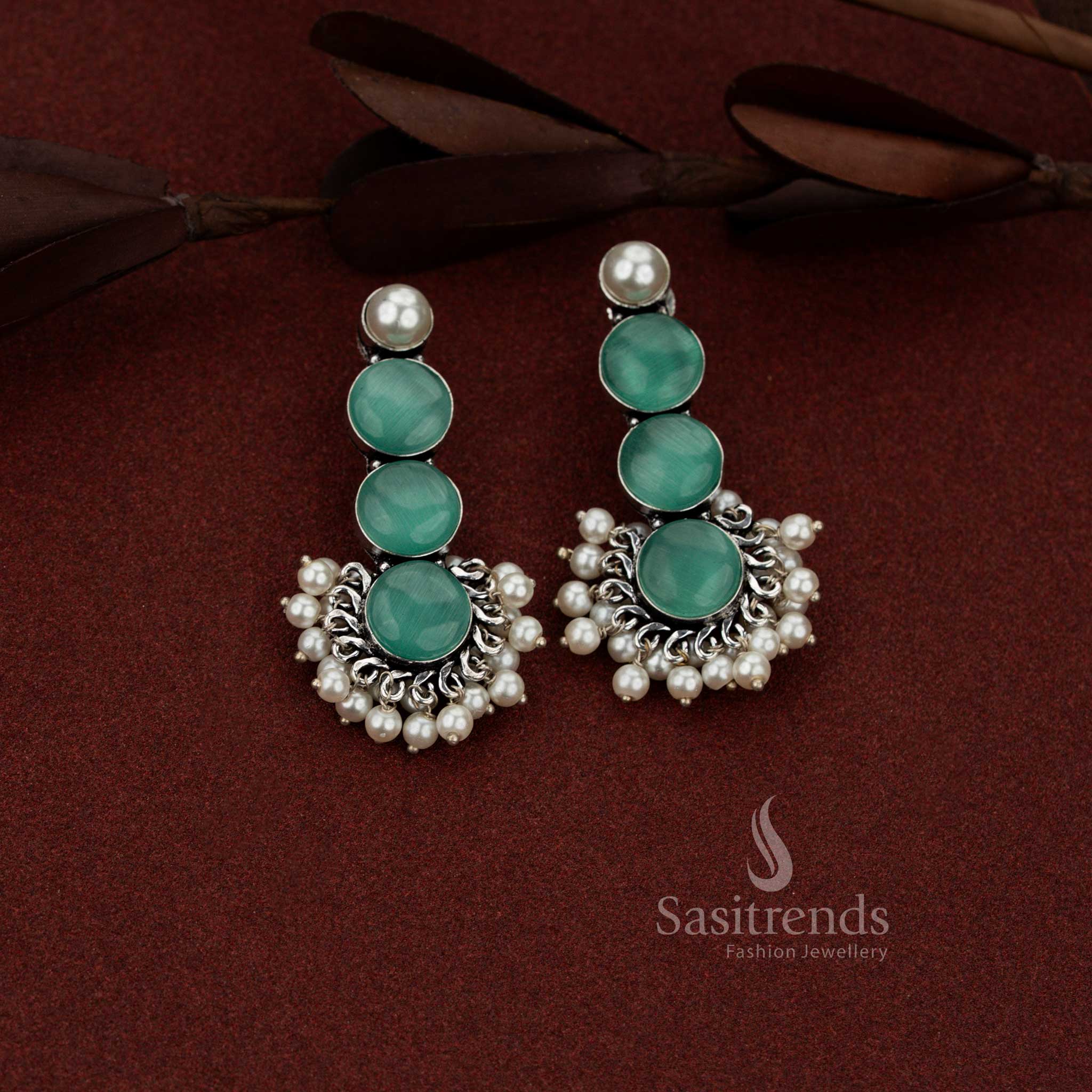 Elegant oxidised silver 3 tier round stone with pearl drop earrings mint ideal for professional use, casual office styling and everyday charm – Sasitrends