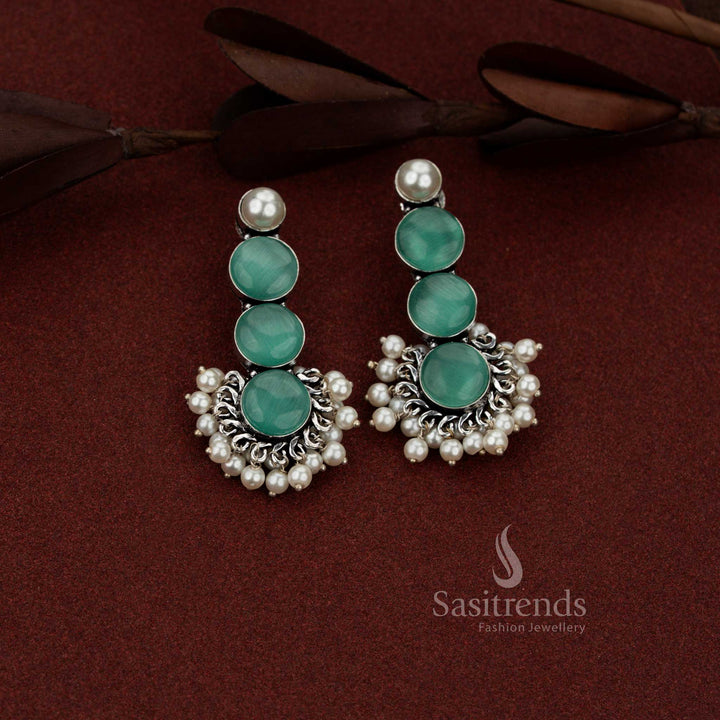 Elegant oxidised silver 3 tier round stone with pearl drop earrings mint ideal for professional use, casual office styling and everyday charm – Sasitrends