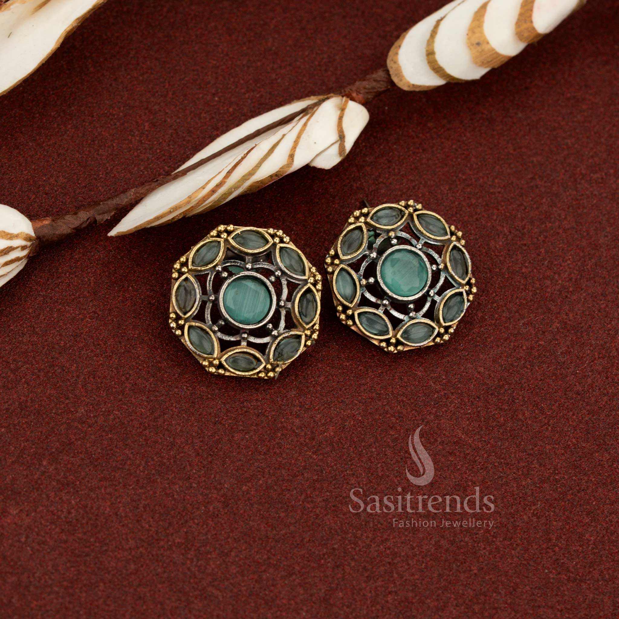Mint breeze antique oxidised round lattice circle stone earrings ideal for trendy daily outfits and elegant evening styling – Sasitrends