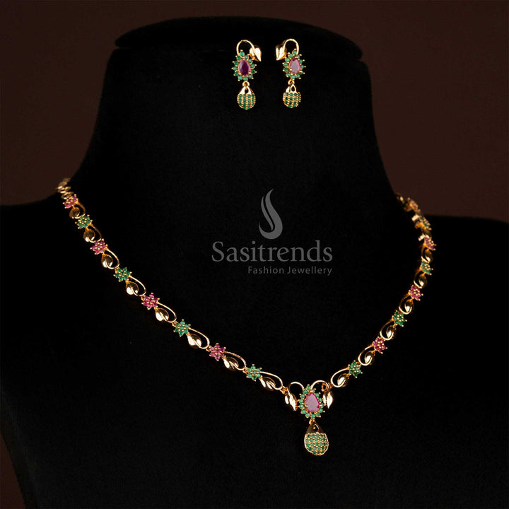 Twilight dual-tone micro gold plated AD teardrop pendant necklace with ruby and green stones, designed for festive opulence and traditional celebrations – Sasitrends