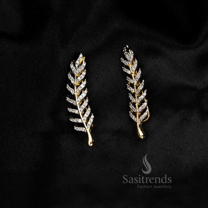 Trendy Gangajamuna fern leaf American Diamond ear climber cuff earrings suitable for stylish fusion fashion and bold accessorising – Sasitrends
