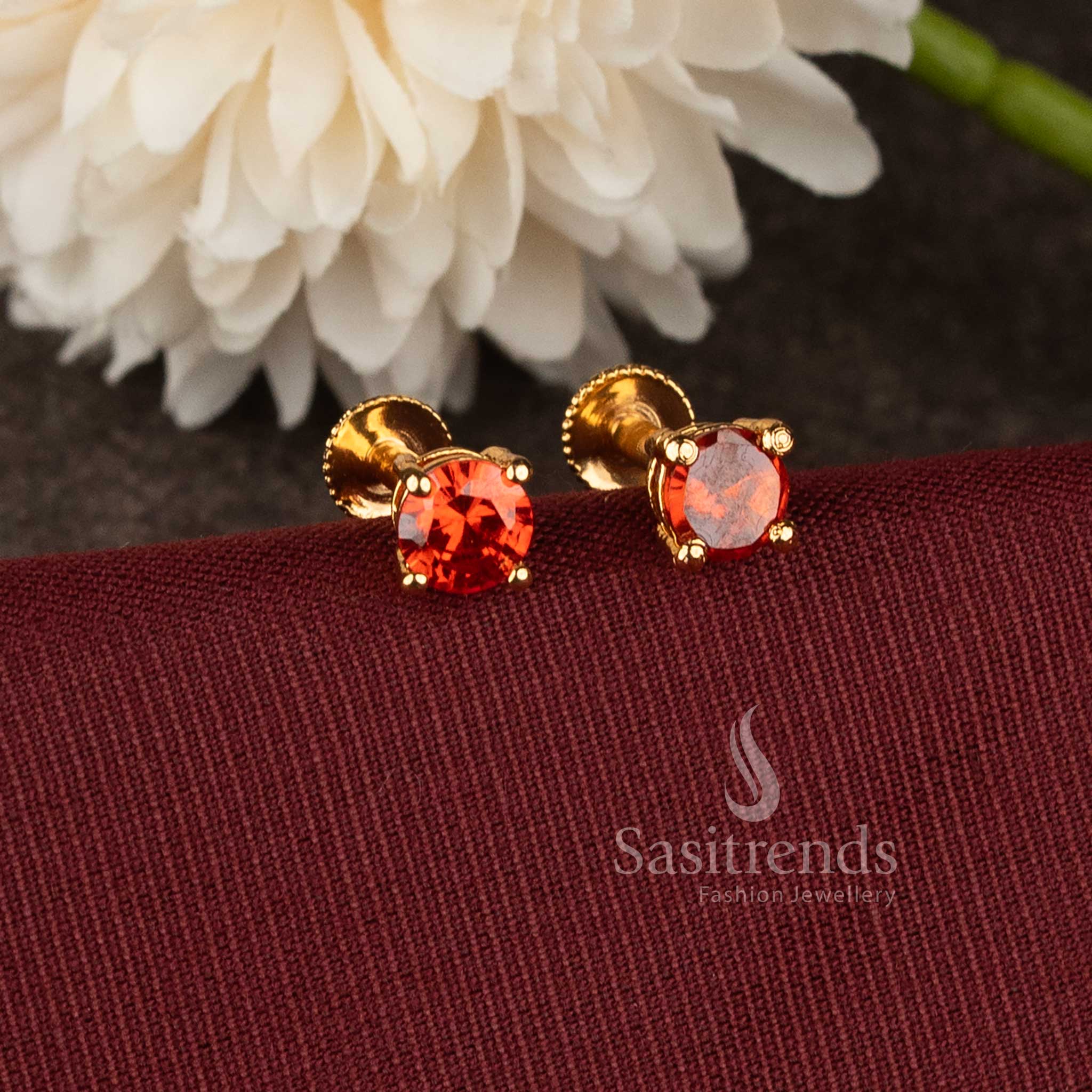 Designer micro gold plated  stud earrings with elegant garnet stone craftsmanship - Sasitrends.