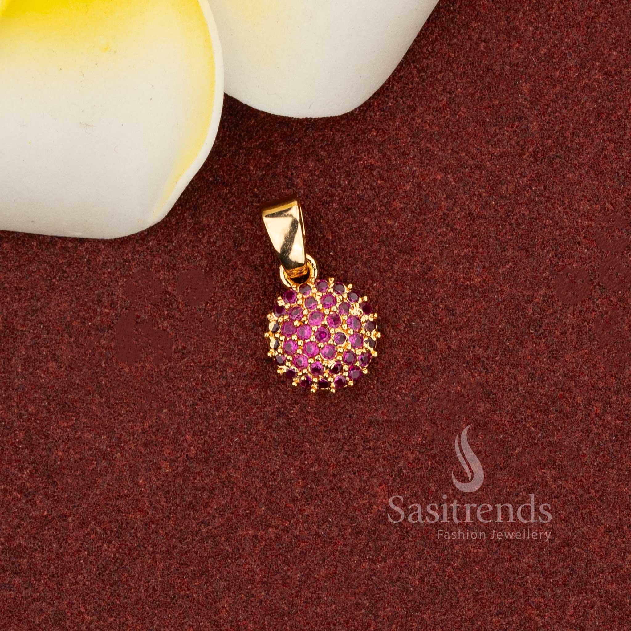 Ruby Flare micro gold round pendant with vivid AD stone sparkle designed for glamorous festive jewellery moments – Sasitrends