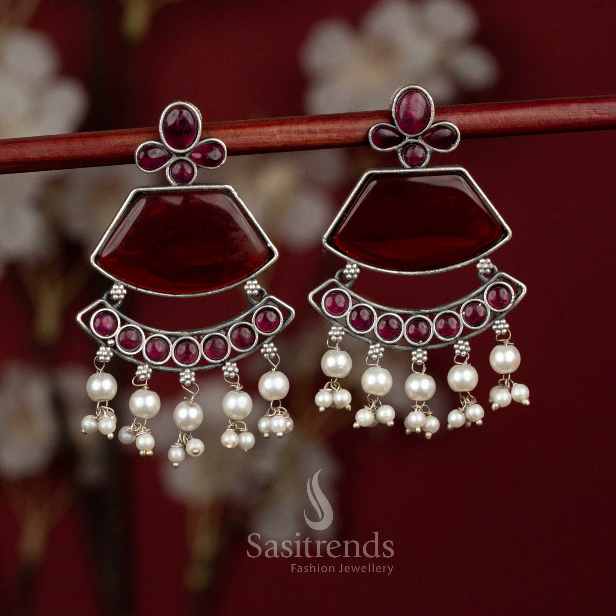 Crimson ruby antique oxidised 92.5 silver crescent pearl tassel earrings for festive wear - jewellery - Sasitrends