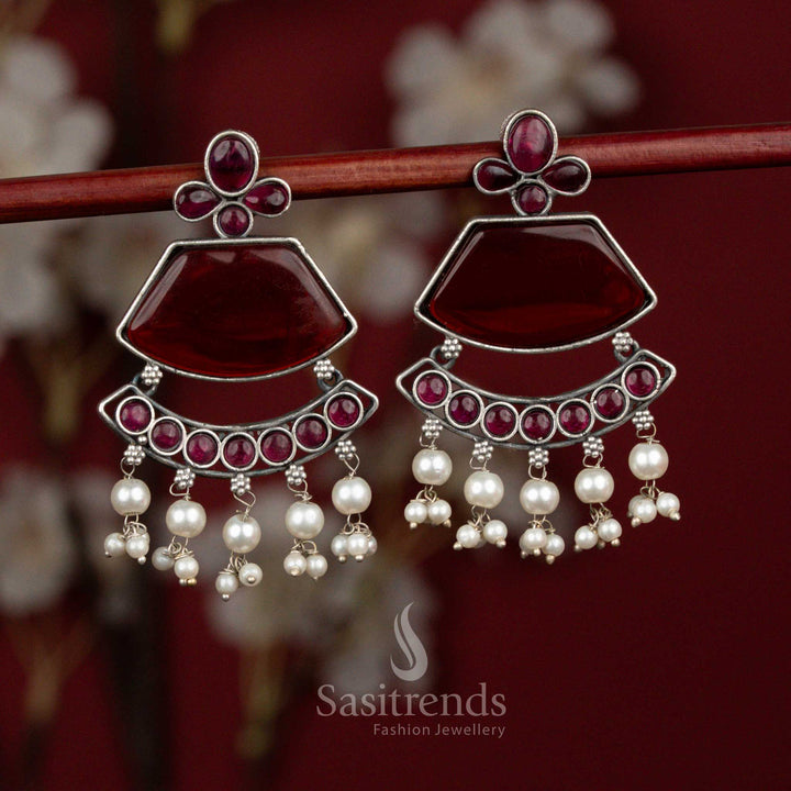 Crimson ruby antique oxidised 92.5 silver crescent pearl tassel earrings for festive wear - jewellery - Sasitrends