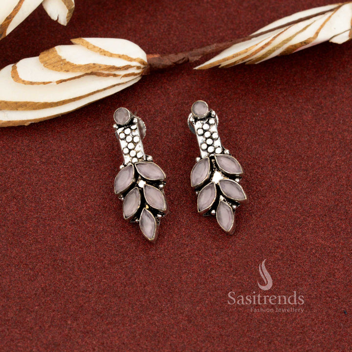 Gentle pink oxidised marquise leaf cluster stone earrings suited for graceful office outfits and refined daily wear – Sasitrends