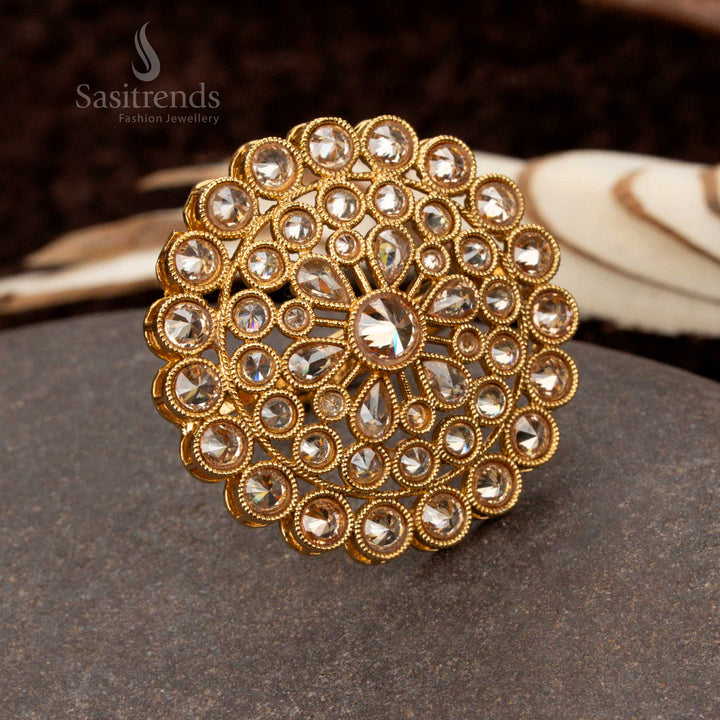 Antique Gold Plated White Stone Statement Ring with Intricate Circular Design - Sasitrends